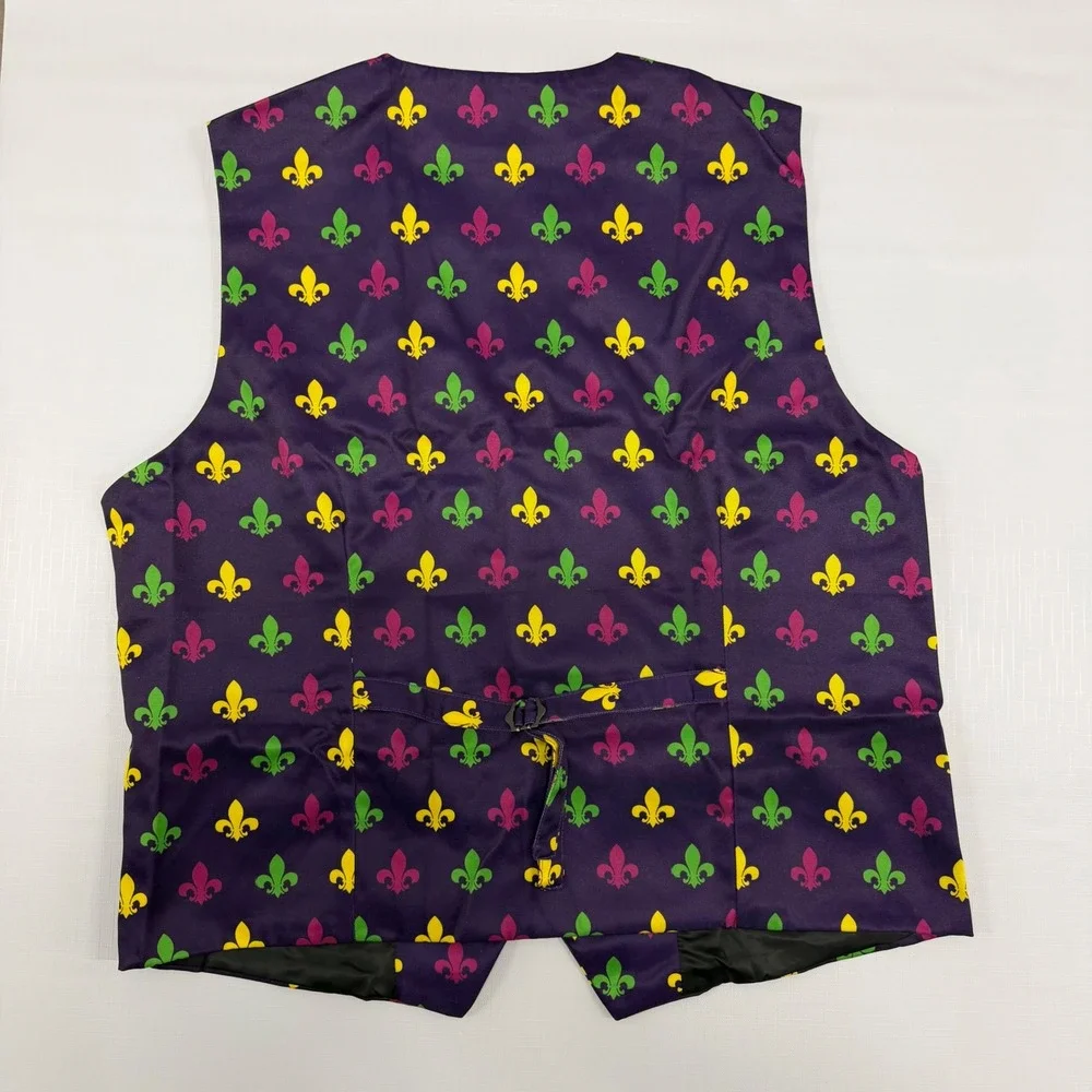 Linoel Mardi Gras Fleur De Lis Vest Mens XL Purple Green Gold Festive Waistcoat